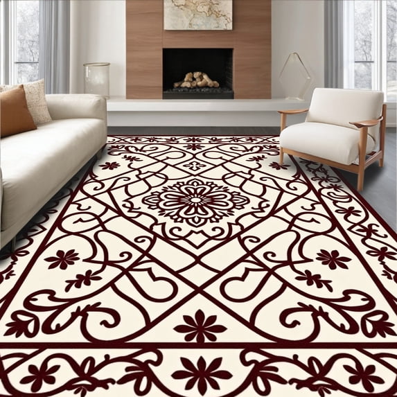 ODIKA 5'x7' Machine Washable Non-Slip Area Rug, Parisian Gate Interlocking Lattice With Fleur Motifs High Traffic Rug, Brown, 555951