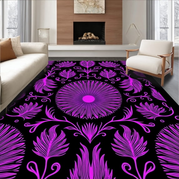 ODIKA 5'x7' Machine Washable Non-Slip Area Rug, Peacock Plume with Spiraling Feather Motifs and Festival Details High Traffic Rug with Pad, Black, 704519