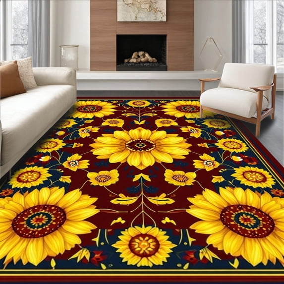 ODIKA 5'x7' Machine Washable Non-Slip Area Rug, Sunburst Floral Medallion Burgundy Garden Waterproof Patio Deck High Traffic Rug, Yellow, 67068