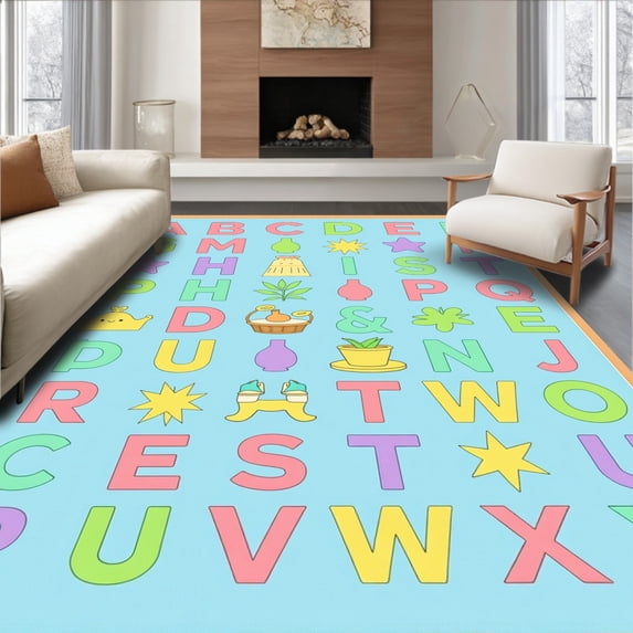 ODIKA 5'x7' Machine Washable Non-Slip Area Rug, Phonics Discovery featuring Illustrated Alphabet Teaching Motifs High Traffic Rug with Pad, Blue, 697405