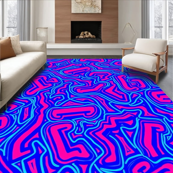 ODIKA 5'x7' Machine Washable Non-Slip Area Rug, Pixel Maze With Retro Arcade Symbols And Dynamic Energy Swirls High Traffic Rug, Pink, 682894