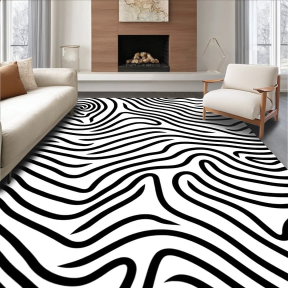 ODIKA 5'x7' Machine Washable Non-Slip Area Rug, Plains Rhythmic Waves Distinctive Visually Striking Display High Traffic Rug, Black, 585003
