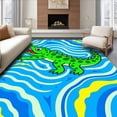 thumbnail image 1 of ODIKA 5'x7' Machine Washable Non-Slip Area Rug, Playful Cartoon Crocodile with Whimsical Water Ripples High Traffic Rug with Pad, Blue, 720511, 1 of 8