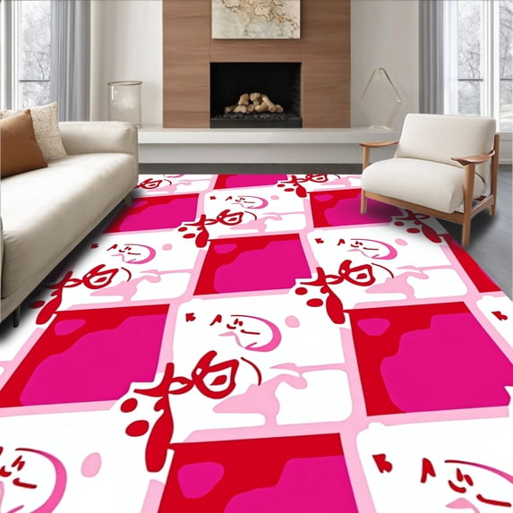ODIKA 5'x7' Machine Washable Non-Slip Area Rug, Playful Dice and Checkered Poker with Conversation Art High Traffic Rug with Pad, Pink, 656605