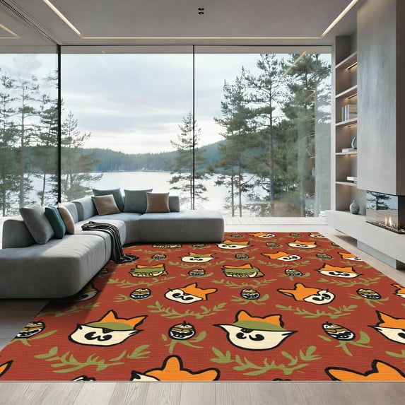 ODIKA 5'x7' Machine Washable Non-Slip Area Rug, Playful Fox Faces and Acorn Cluster Design High Traffic Rug, Brown, 911218