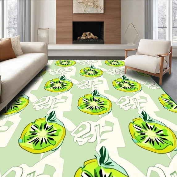 ODIKA 5'x7' Machine Washable Non-Slip Area Rug, Playful Kiwi Themed Alphabet Design Featuring Interlocking Fruit and Letters High Traffic Rug, Green, 689255