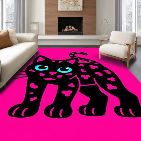 ODIKA 5'x7' Machine Washable Non-Slip Area Rug, Playful Leopard Decorative With Charming Cartoon Face High Traffic Rug, Pink, 723783