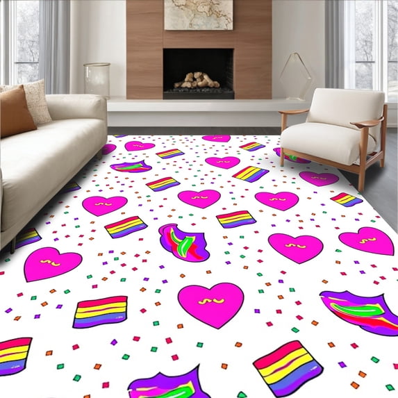 ODIKA 5'x7' Machine Washable Non-Slip Area Rug, Playful Mosaic with Interlocking Radiant Bands and Confetti Details High Traffic Rug, Pink, 556702