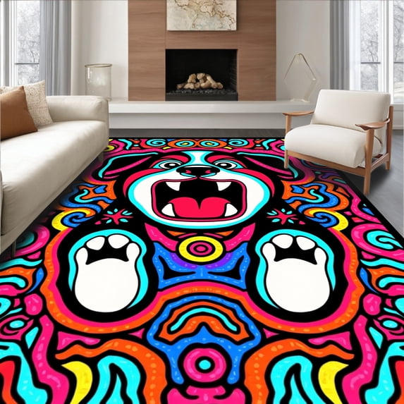 ODIKA 5'x7' Machine Washable Non-Slip Area Rug, Playful Pooch Handcraft Decorative Stitch Art Design High Traffic Rug with Pad, Pink, 743052