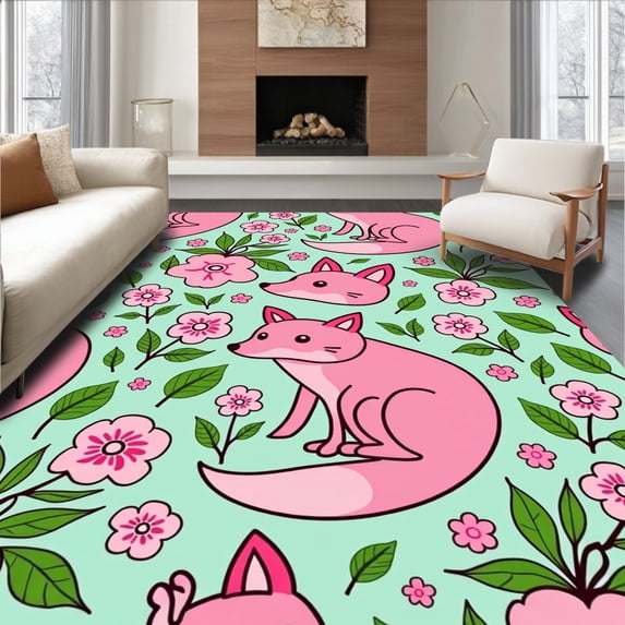 ODIKA 5'x7' Machine Washable Non-Slip Area Rug, Playful Russet Wildlife Enchanting Floral Fauna Embellishment High Traffic Rug with Pad, Pink, 463017
