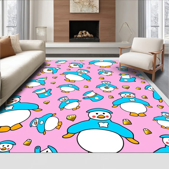 ODIKA 5'x7' Machine Washable Non-Slip Area Rug, Playful Snowman with Twinkling Bell Motifs Festive Illustration High Traffic Rug, Pink, 626589