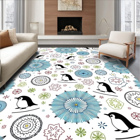 ODIKA 5'x7' Machine Washable Non-Slip Area Rug, Playful Winter Wildlife Latch Hook Featuring Skiing Penguins High Traffic Rug, Blue, 686204