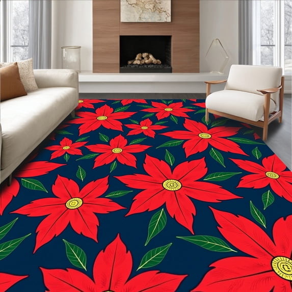 ODIKA 5'x7' Machine Washable Non-Slip Area Rug, Poinsettia Bloom Botanical Print with Seasonal Flower Arrangements High Traffic Rug, Red, 507723