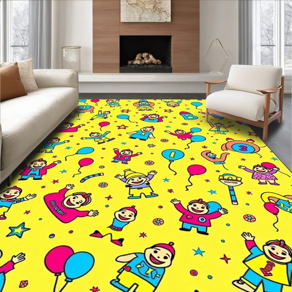 ODIKA 5'x7' Machine Washable Non-Slip Area Rug, Preschool Literacy Celebration Decorative Teaching High Traffic Rug, Yellow, 698270
