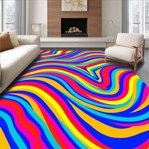 ODIKA 5'x7' Machine Washable Non-Slip Area Rug, Prismatic Wave Composition with Interlaced Curves and Bright Color Layers High Traffic Rug with Pad, Pink, 396130
