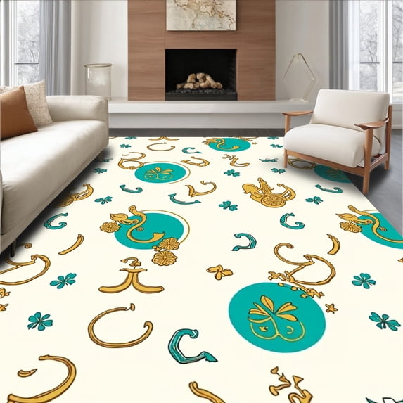 ODIKA 5'x7' Machine Washable Non-Slip Area Rug, Prosperity Symbol with Wealth Motif Lucky Charm Design High Traffic Rug, Gold, 538035