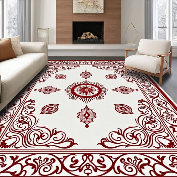 ODIKA 5'x7' Machine Washable Non-Slip Area Rug, Quatrefoil Medallion Boho Style Indoor Floor Covering High Traffic Rug, Red, 667322