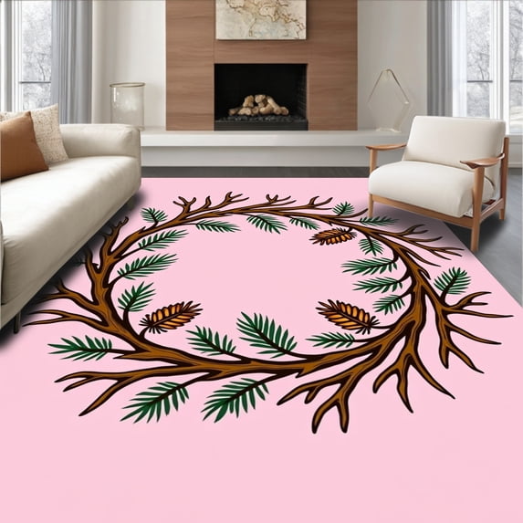 ODIKA 5'x7' Machine Washable Non-Slip Area Rug, Reindeer Antler Wreath Door with Pine Cone Accents High Traffic Rug, Pink, 738063