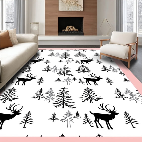 ODIKA 5'x7' Machine Washable Non-Slip Area Rug, Reindeer Forest Scene Seasonal Floor Covering High Traffic Rug with Pad, Black, 505539