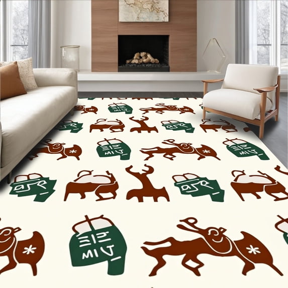 ODIKA 5'x7' Machine Washable Non-Slip Area Rug, Reindeer Holiday Toilet Seat Decoration with Coordinated High Traffic Rug with Pad, Beige, 626023