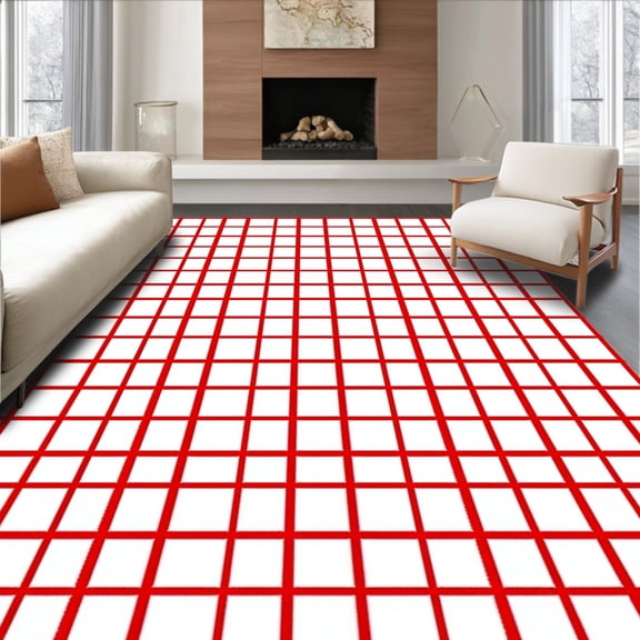 ODIKA 5'x7' Machine Washable Non-Slip Area Rug, Retro Festivity Windowpane Check with Classic Plaid Accents High Traffic Rug, Red, 638918
