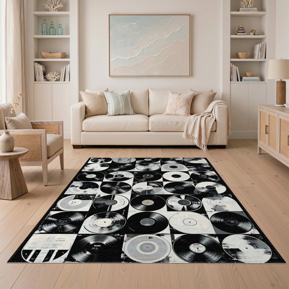 ODIKA 5'x7' Vinyl Record Inspired With Classic Rock Band Graphics Washable Area Rug Easy Care, Non-Shedding, Pet Friendly, for Small Living Room, Bedroom