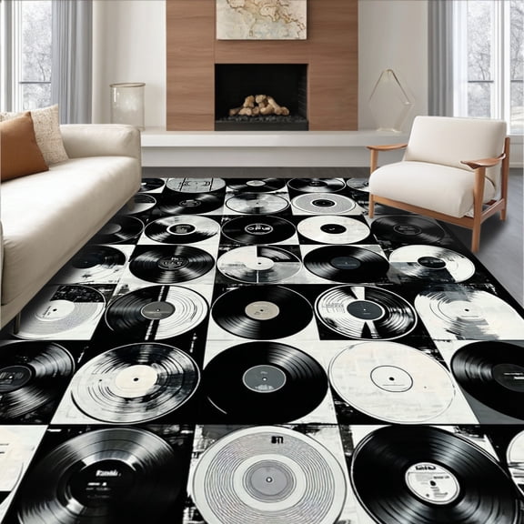 ODIKA 5'x7' Machine Washable Non-Slip Area Rug, Vinyl Record Inspired With Classic Rock Band Graphics High Traffic Rug, Black, 69461