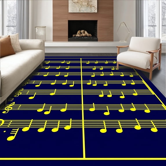 ODIKA 5'x7' Machine Washable Non-Slip Area Rug, Rhythmic Beat Notation Teaching with Learning High Traffic Rug with Pad, Yellow, 693731