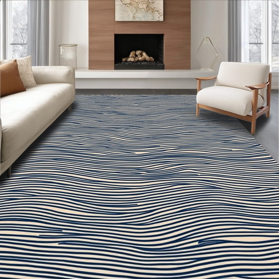 ODIKA 5'x7' Machine Washable Non-Slip Area Rug, Rhythmic Wave Undulating Modern Minimalist Stylish Trendy High Traffic Rug, Ivory, 540120
