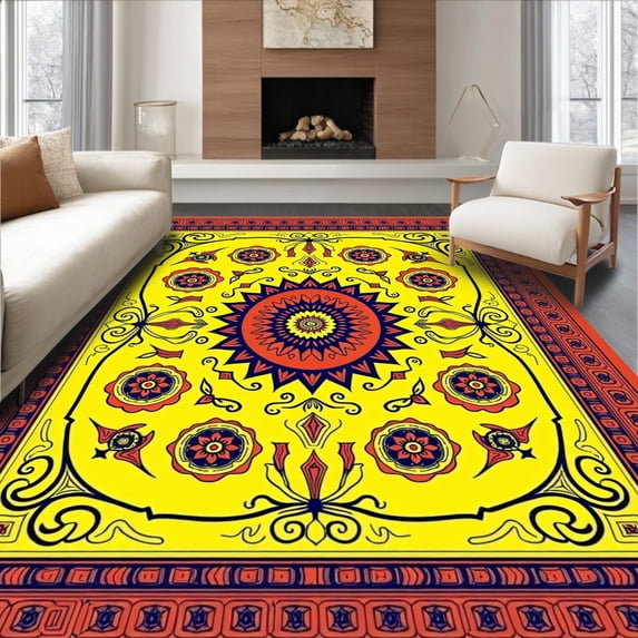 ODIKA 5'x7' Machine Washable Non-Slip Area Rug, Robust Foldable Gear Container Weatherproof Zipper Enclosure High Traffic Rug with Pad, Yellow, 618694