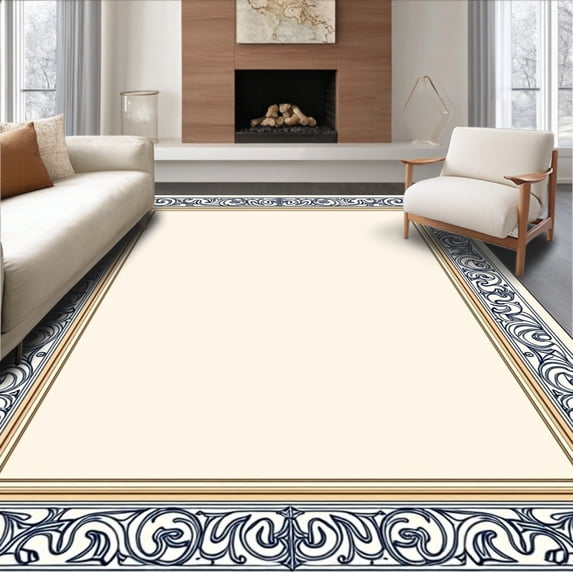 ODIKA 5'x7' Machine Washable Non-Slip Area Rug, Rococo Flourish Design with Ornamental Scroll Borders High Traffic Rug with Pad, Ivory, 551654