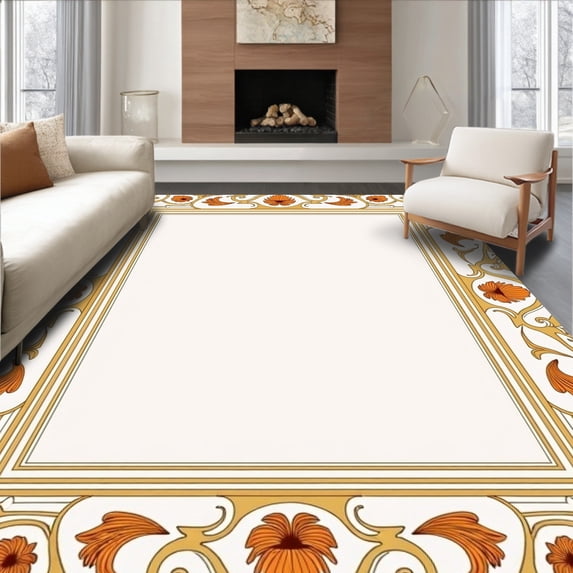 ODIKA 5'x7' Machine Washable Non-Slip Area Rug, Rococo Shell Cartouche with Asymmetrical Flourishes High Traffic Rug with Pad, Gold, 470543