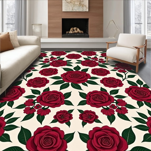 ODIKA 5'x7' Machine Washable Non-Slip Area Rug, Romantic Heirloom Floral Palatial Sophisticated High Traffic Rug, Red, 611949