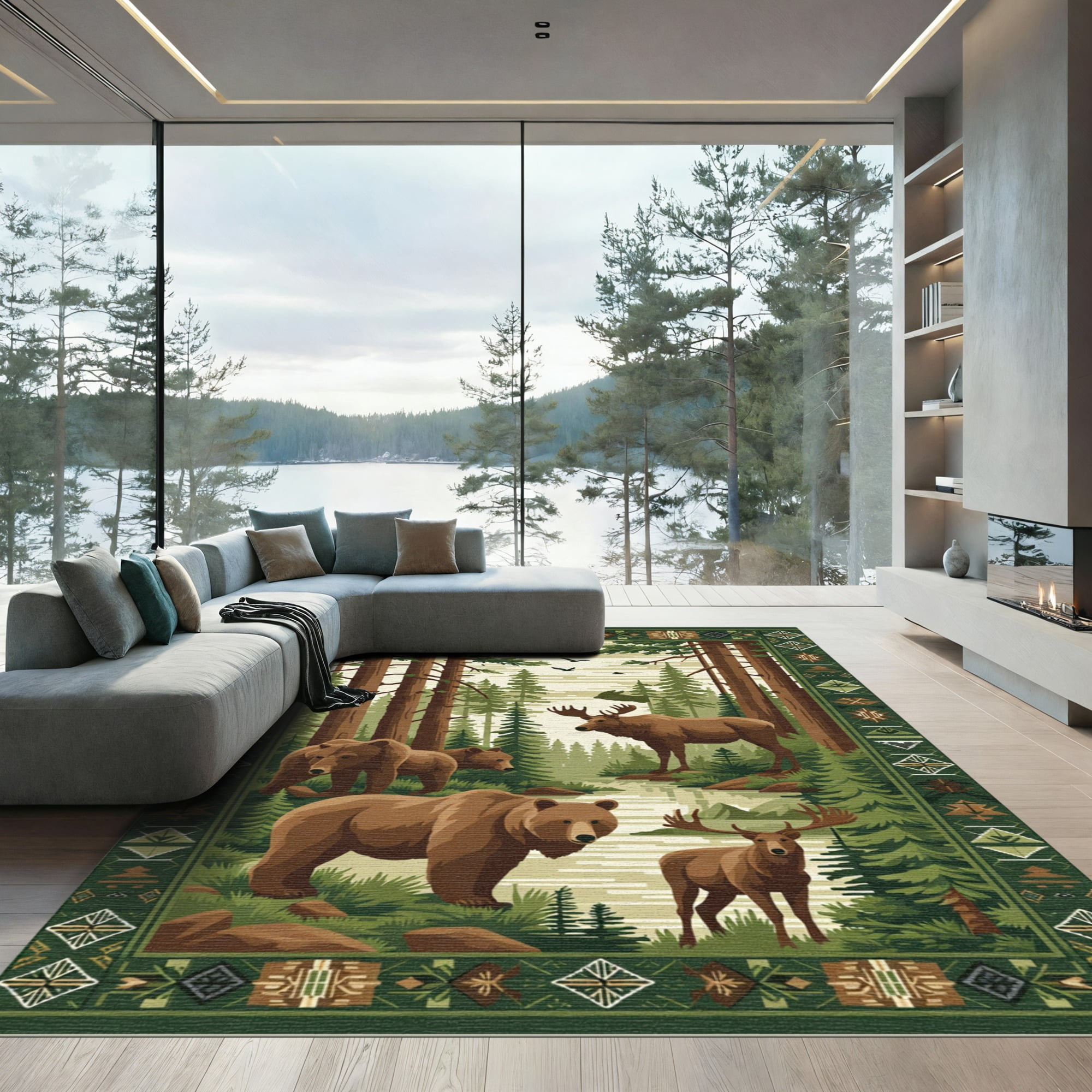 Rustic Washable Rugs ODIKA 5'x7' Machine Washable Non-Slip Area Rug, Rustic Cabin Forest ...