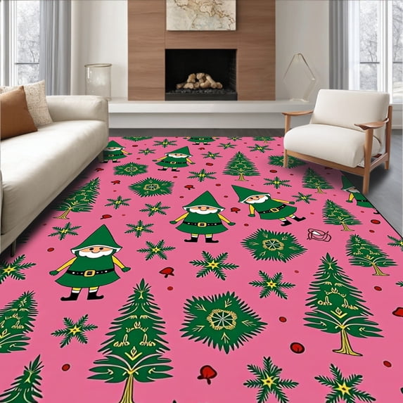 ODIKA 5'x7' Machine Washable Non-Slip Area Rug, Rustic Holiday Gnome with Nordic Snowflake Motifs and Festive Branches High Traffic Rug with Pad, Pink, 731647