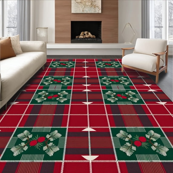 ODIKA 5'x7' Machine Washable Non-Slip Area Rug, Rustic Holiday Plaid Featuring Pinecone and Holly Accents High Traffic Rug with Pad, Red, 621769