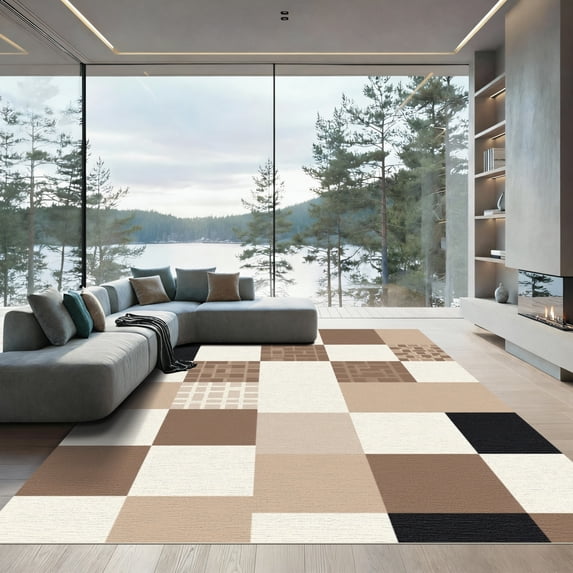 ODIKA 5'x7' Machine Washable Non-Slip Area Rug, Rustic Patchwork Design Distressed Aesthetic High Traffic Rug, Beige, 920682