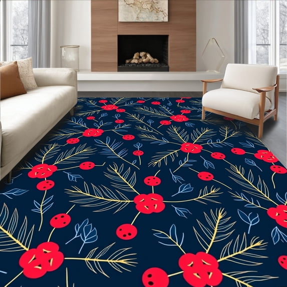 ODIKA 5'x7' Machine Washable Non-Slip Area Rug, Rustic Winter Berries and Evergreen Sprigs Patterned Trio High Traffic Rug with Pad, Red, 731636