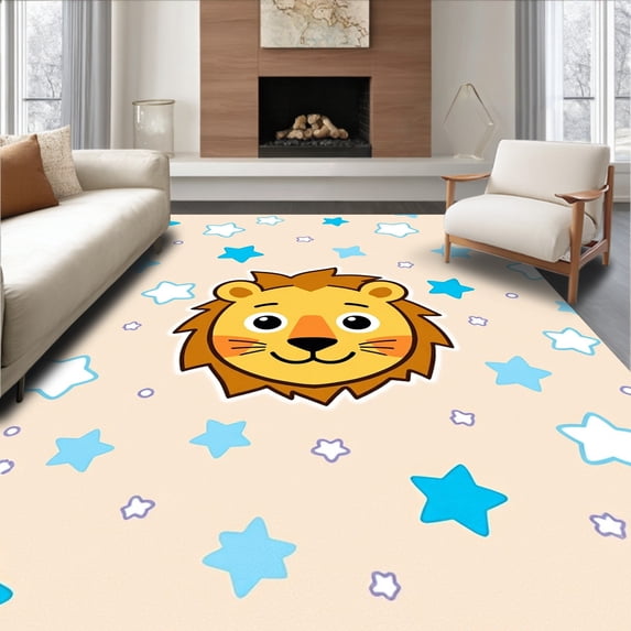 ODIKA 5'x7' Machine Washable Non-Slip Area Rug, Safari Animal Character Featuring Smiling Lion and Accents High Traffic Rug with Pad, Beige, 720307