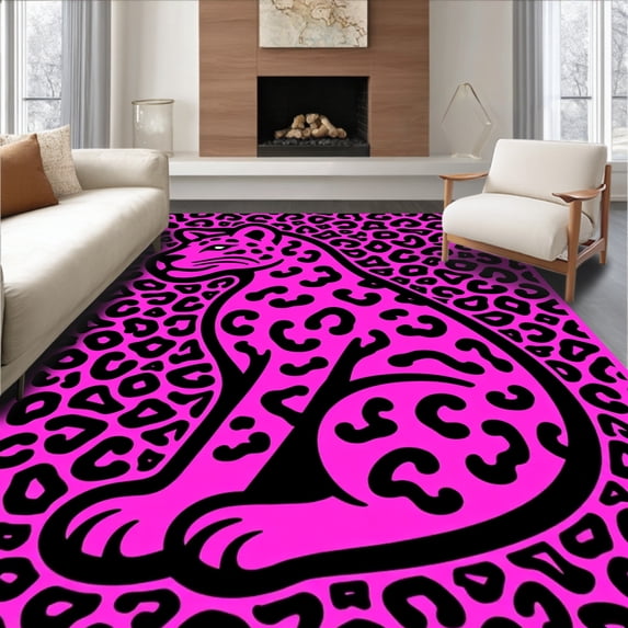 ODIKA 5'x7' Machine Washable Non-Slip Area Rug, Safari Leopard Outline Cartoon Spotted Animal High Traffic Rug with Pad, Pink, 723809