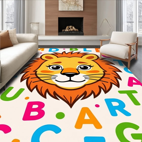 ODIKA 5'x7' Machine Washable Non-Slip Area Rug, Safari Pride Leader Educational Play Alphabet Learning High Traffic Rug, Orange, 690110