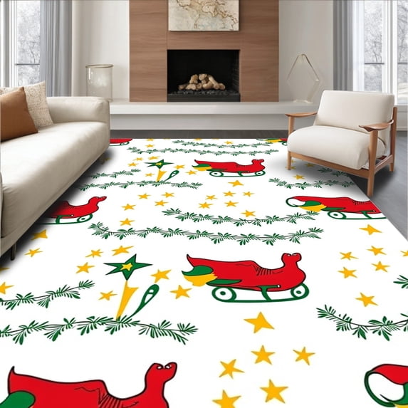 ODIKA 5'x7' Machine Washable Non-Slip Area Rug, Santa Sleigh Festive with Twinkling Holiday Stars High Traffic Rug with Pad, Red, 617816