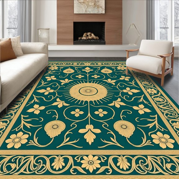 ODIKA 5x7 Machine Washable Non-Slip Area Rug, Sarouk Botanical Medallion Vintage Heritage Ornate Floral High Traffic Rug, Gold, 663508