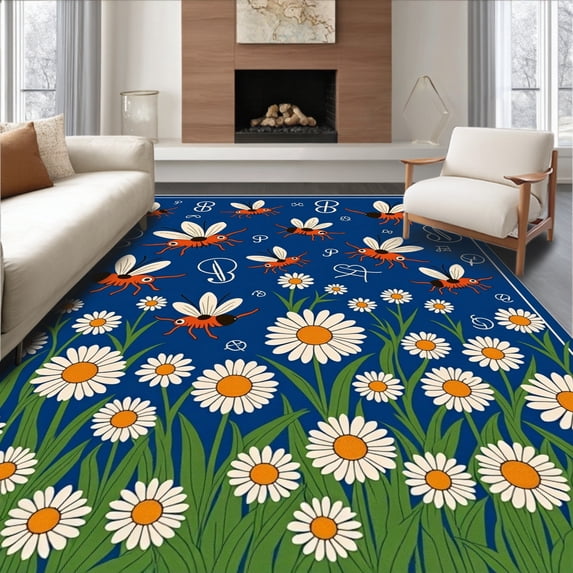 ODIKA 5'x7' Machine Washable Non-Slip Area Rug, Scholarly Meadow Phonics Natural Wonder High Traffic Rug with Pad, Blue, 720935