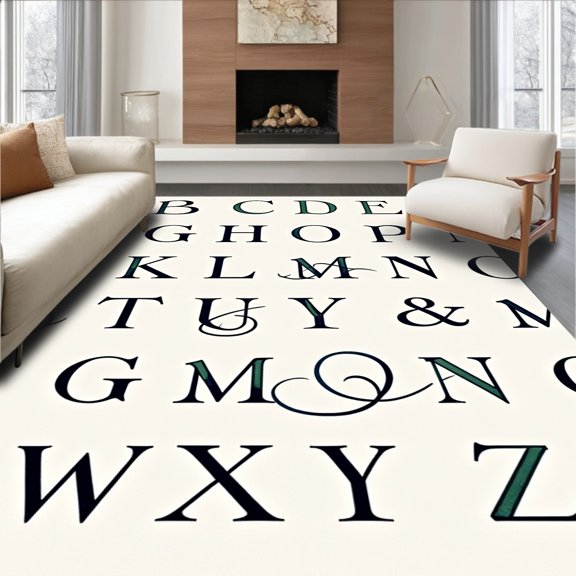 ODIKA 5'x7' Machine Washable Non-Slip Area Rug, Scripted Alphabet Pathways with Delicate Tracing Motifs Three Row High Traffic Rug with Pad, Black, 689797