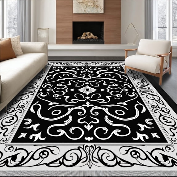 ODIKA 5'x7' Machine Washable Non-Slip Area Rug, Scrollwork With Delicate Interwoven High Traffic Rug, Black, 545623