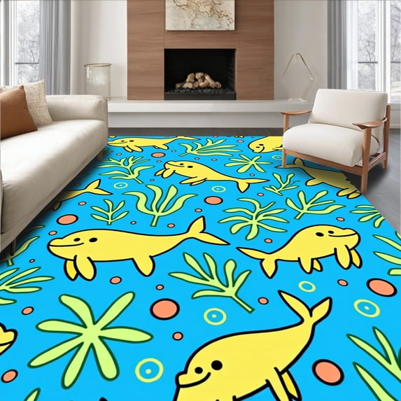 ODIKA 5'x7' Machine Washable Non-Slip Area Rug, Sealife Frolic Interlocking Cartoon Fish and Whale High Traffic Rug with Pad, Blue, 686302