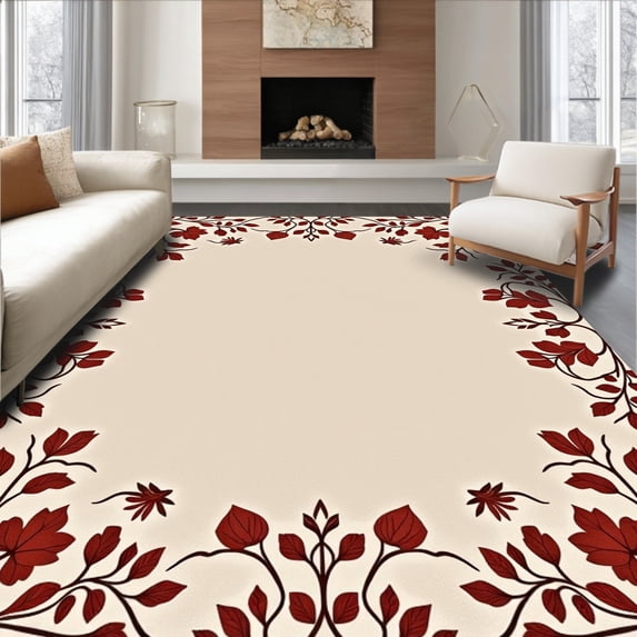 ODIKA 5'x7' Machine Washable Non-Slip Area Rug, Seasonal Vine Foliage Festive Decorative Surface High Traffic Rug, Beige, 602563
