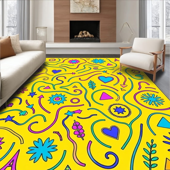ODIKA 5'x7' Machine Washable Non-Slip Area Rug, Seasons and Shapes Learning Path Featuring Playful ABC High Traffic Rug, Yellow, 695444