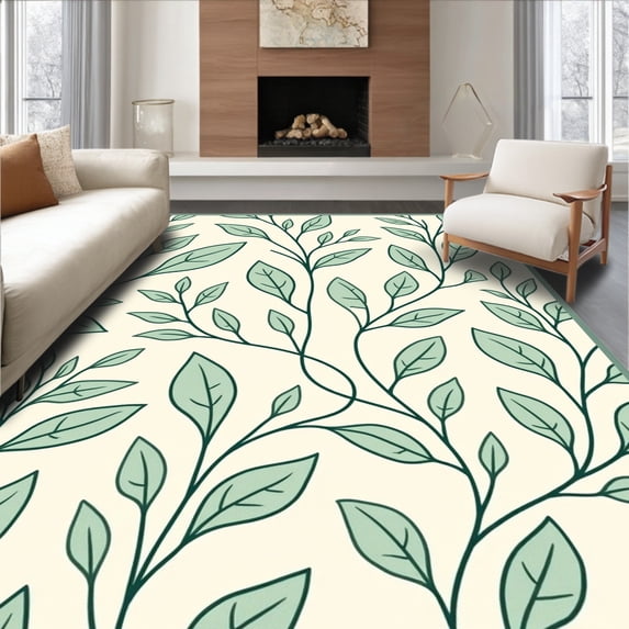 ODIKA 5x7 Machine Washable Non-Slip Area Rug, Serene Botanical Swirls With Delicate Leafy And Fluid Lines High Traffic Rug with Pad, Ivory, 538815